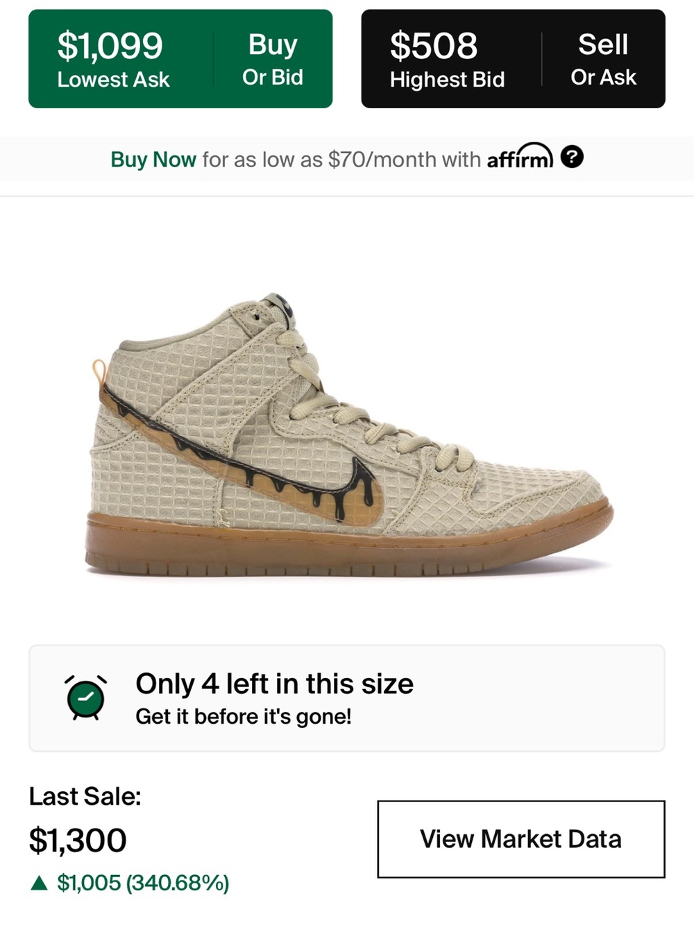 Nike Mid-Top Sneaker in Beige with Gum Sole and Black Drip Swoosh